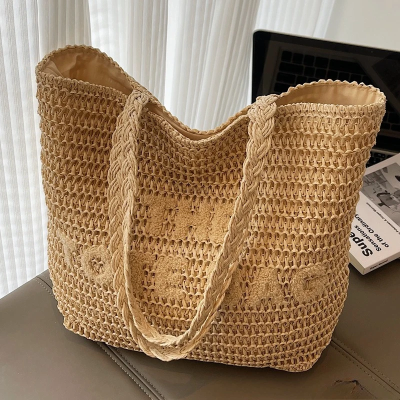 2026 summer woven bag women's fashion straw woven women's bag summer beach bag high-end sense letter tote bag