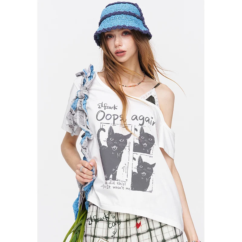 ELFSACK Cat Print Asymmetric T-Shirt, Letter Graphic Layered Tee, Short Sleeve Casual Top for Women