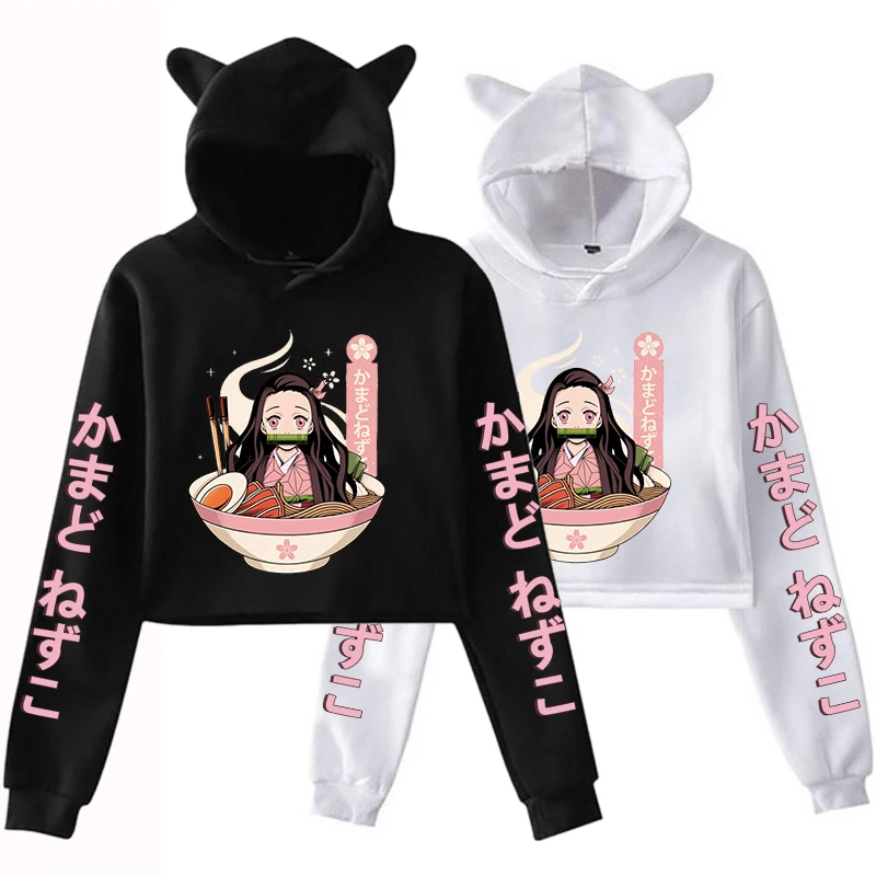 

New Anime Cat Cropped Hoodie Female Long Sleeve Women's Hoodie Kamado Nezuko Printing Crop Top Y2k Sweatshirt