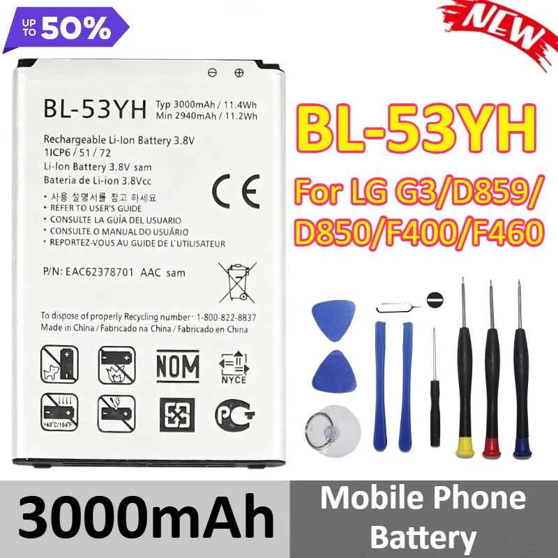 

New BL-53YH 3000mAh Mobile Phone Battery For LG G3/D859/D850/F400/F460