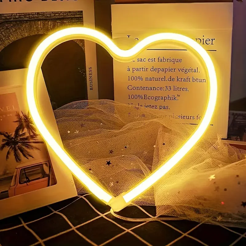 Pink Heart LED Neon Sign USB/Battery Powered LED Light for Bedroom Room Decoration Gift Night Light Decoration Party Holiday