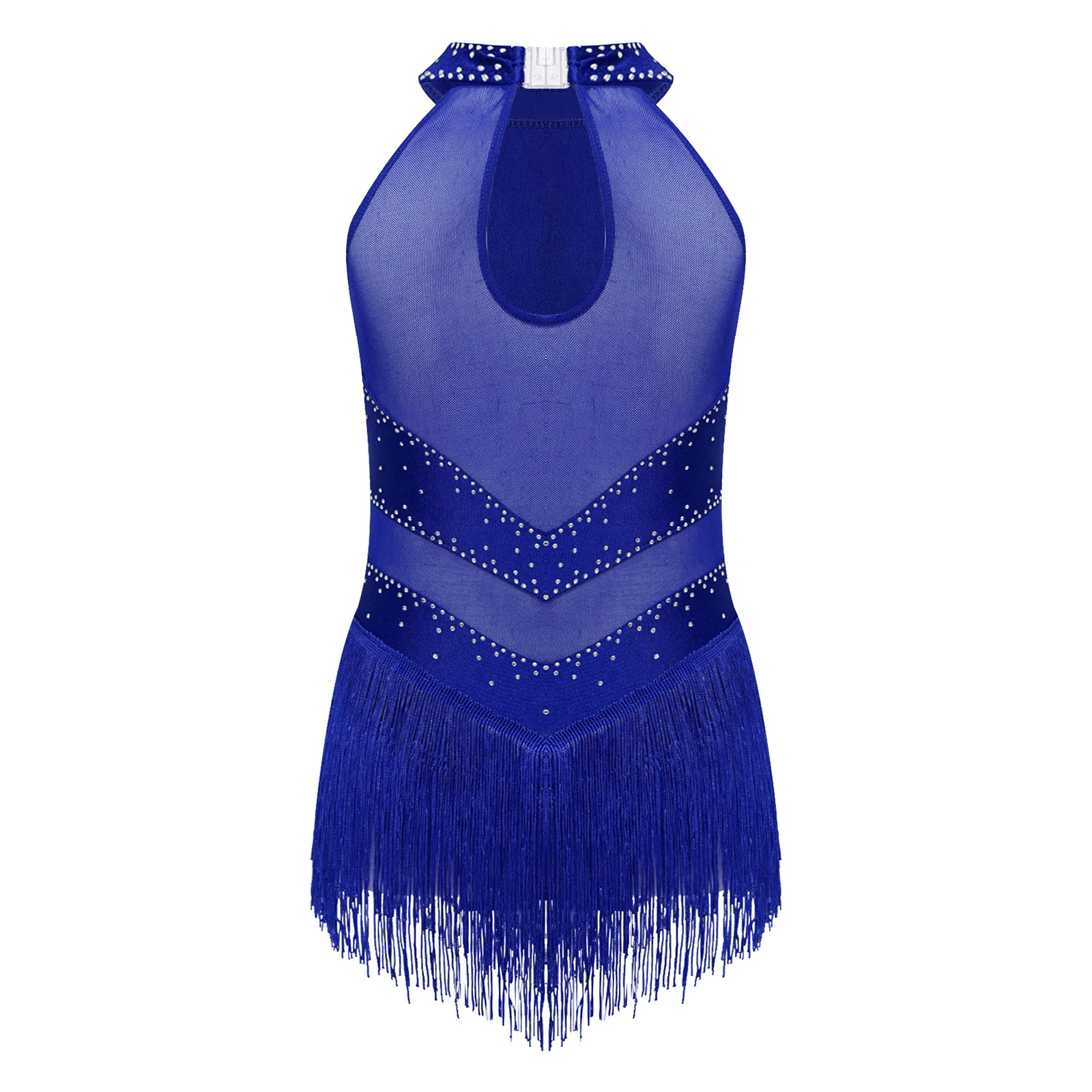 Kids Girls Latin Jazz Dance Dress Figure Skating Cha-Cha Samba Rumba Tango Leotard Sleeveless Rhinestone Mesh Tassel Bodysuit