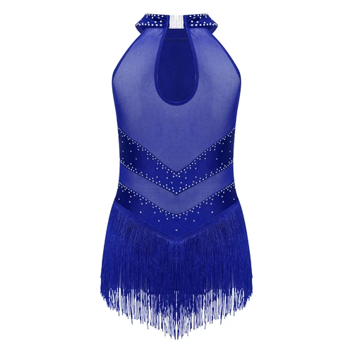 Imagen 2 del producto Vestido de baile de Ballet para niñas, leotardo con diamantes de imitación, vestido de patinaje sobre hielo, vestido de baile latino con flecos y borlas
