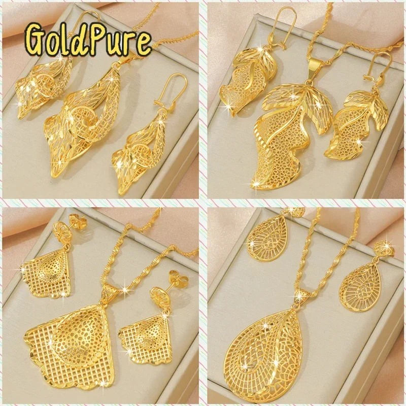 

Goldpure Wedding 9999 24K Real Gold Leaf Flower Necklace Women's Earring Set Pendants