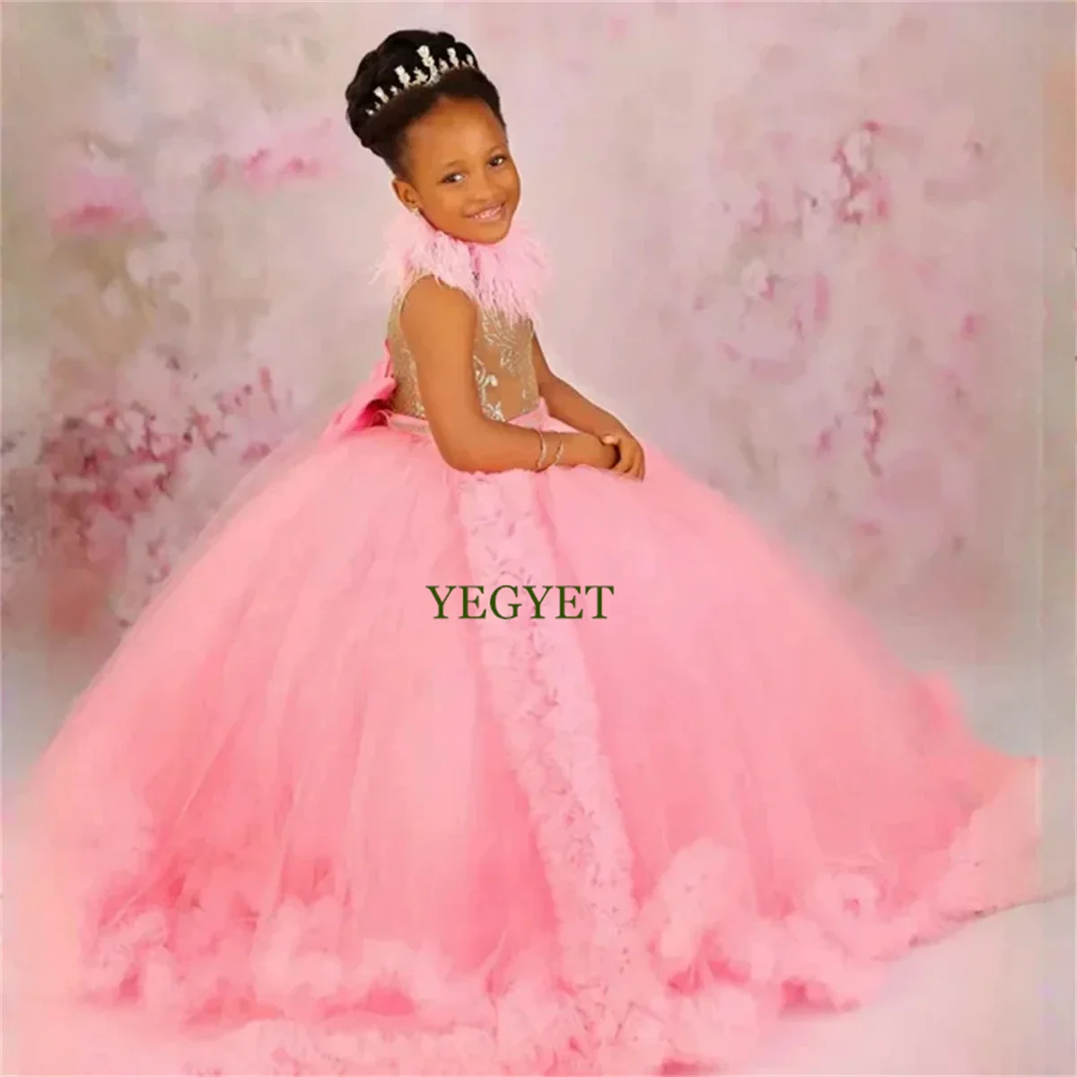 

Pink Tulle Puffy Flower Girl Dress Applique Bow Ruffles Feathers Kids Birthday Ball Gowns Princess First Communion Dresses