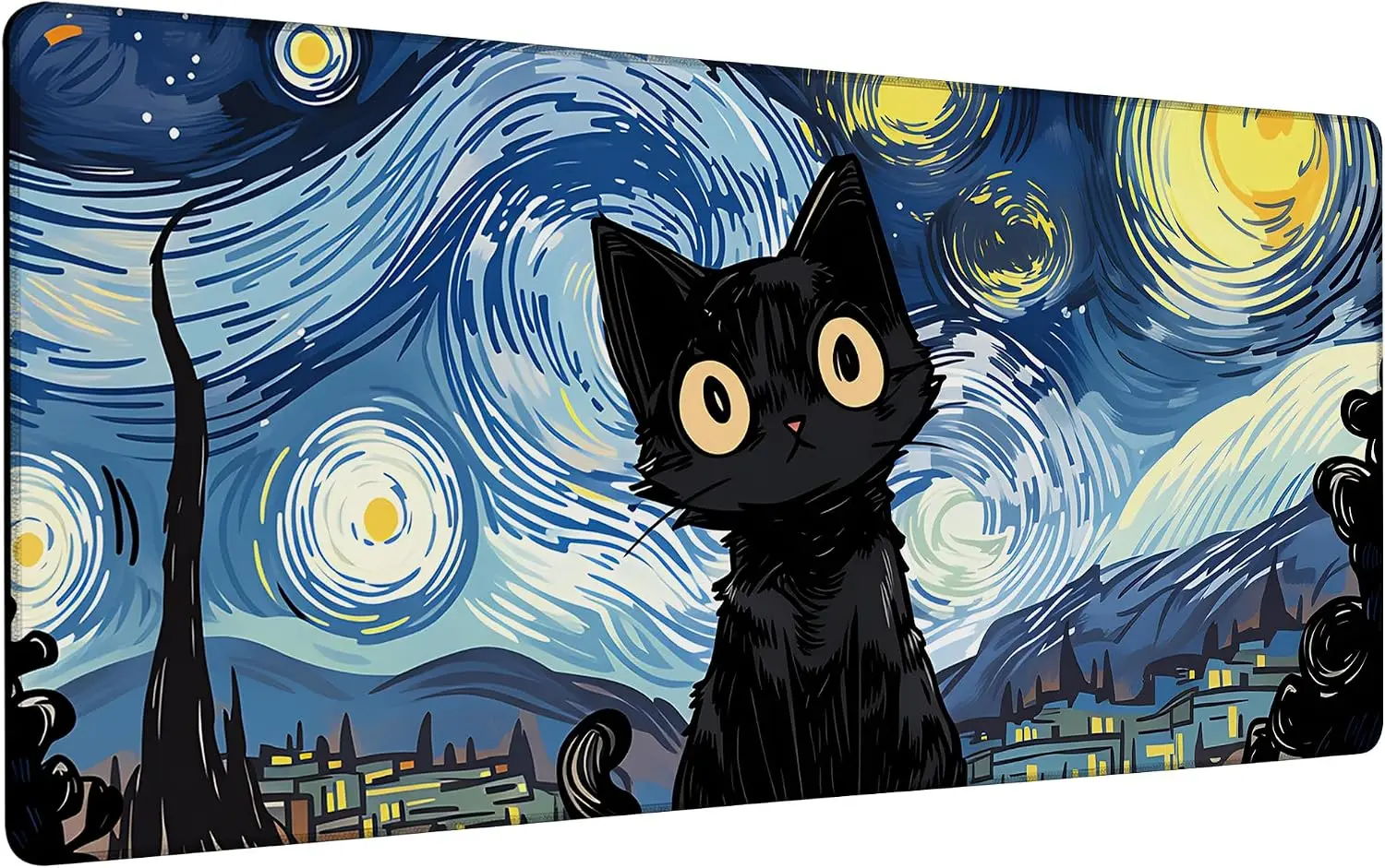1Pcs Mouse Pads XXL Mouse Pads 900x400 Black Cat Starry Night Gaming Mouse Pad with Stitched Edges Non-Slip Rubber Base Mouse