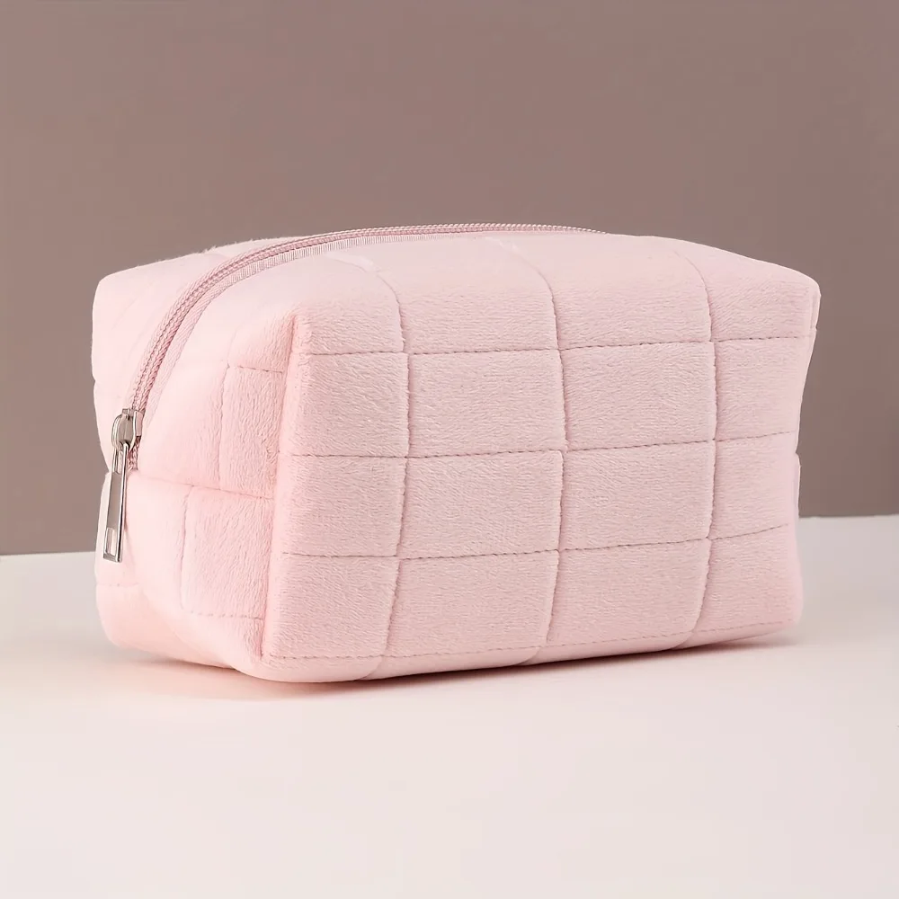 قطعة واحدة من حقيبة مكياج ذات مربعات ناعمة، حقيبة مكياج للسفر عديمة الرائحة مع سحاب، لتخزين مستحضرات التجميل وما إلى ذلك