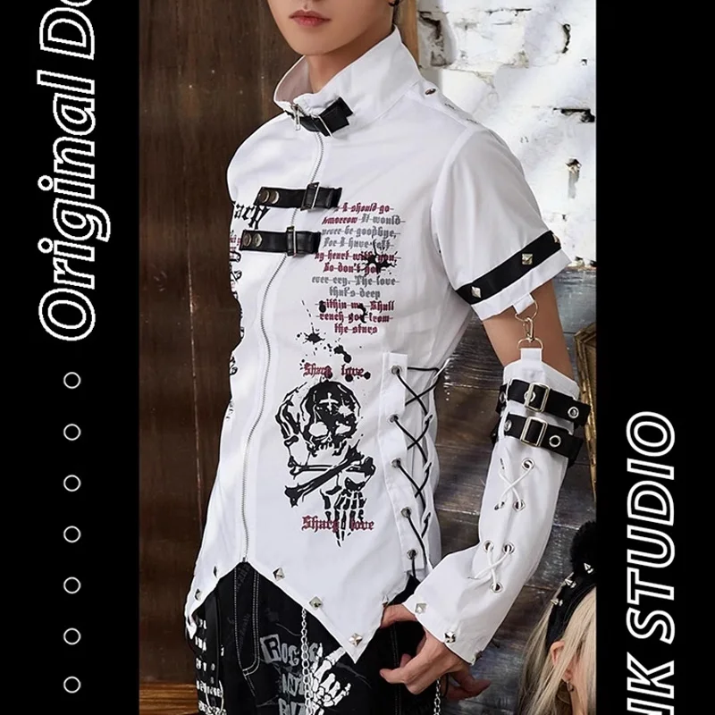 2023 Y2k Men\'s Shirt Kill Matt Rock Punk Clothes Japanese Korea Graffiti Skull Clothing Rivet Buckle Shirt with Visual Rivets