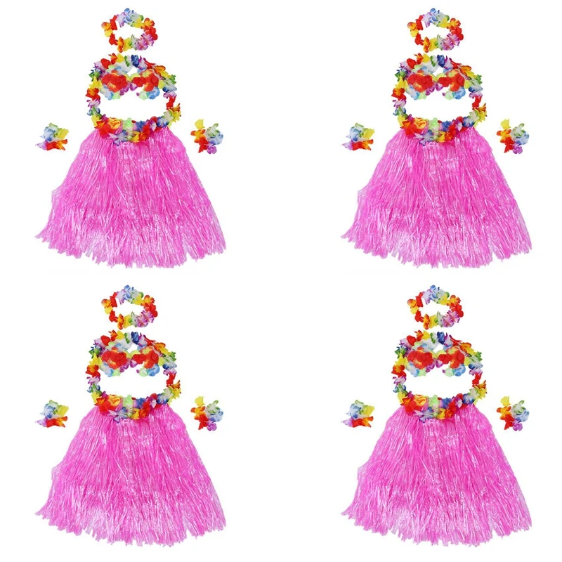 24 Set Hawaiian Grass Skirt Flower Hula Lei Wristband Garland Fancy Dress Costume - Pink