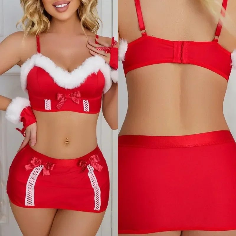 Lingerie sexy natalizia Indumenti da notte in pizzo Donna Maglia trasparente Abito da babydoll Porno Biancheria intima erotica Giochi di ruolo Costumi sexy