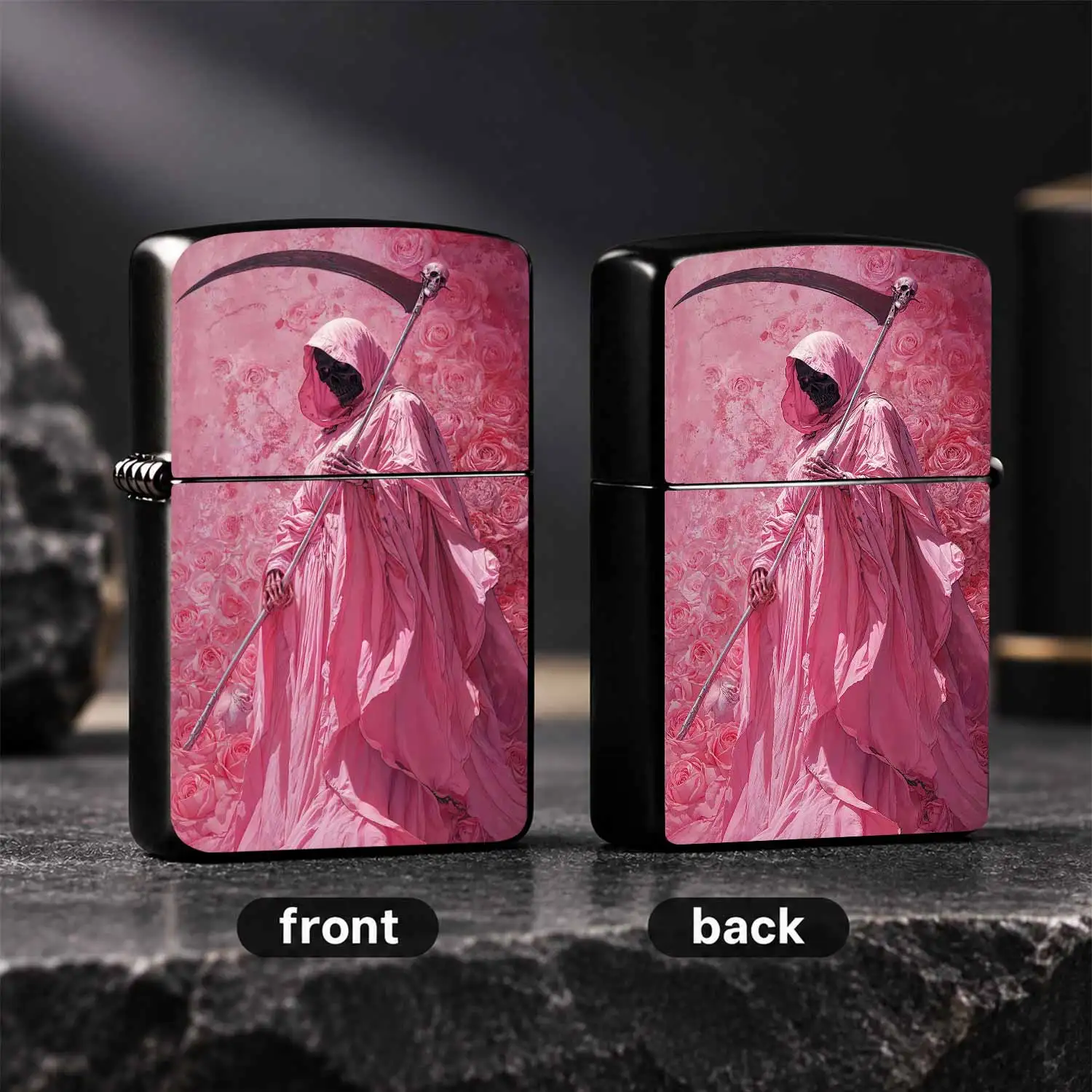 Creative Pink Rose Grim Reaper Themed Portable Lighter, Atmospheric Art Printed Daily Carry Ignition Item, Suitable For Multiple Scenarios, Unique Trendy Desktop Decor Ornament, Exquisite Distinctive Practical Gift For Friends And Hobbyists