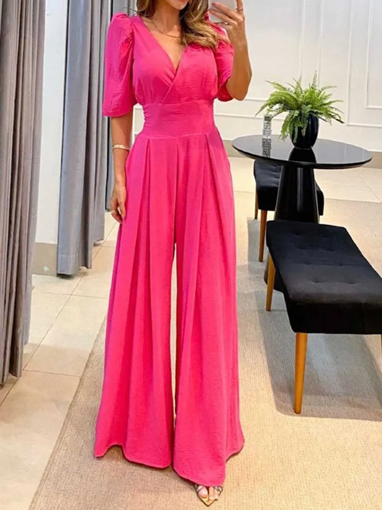 

Full Length for Women Elegant Jumpsuit Summer One Piece Outfits Solid Color Casual Deep V Neck Jumpsuit Wholesale Dropshipping