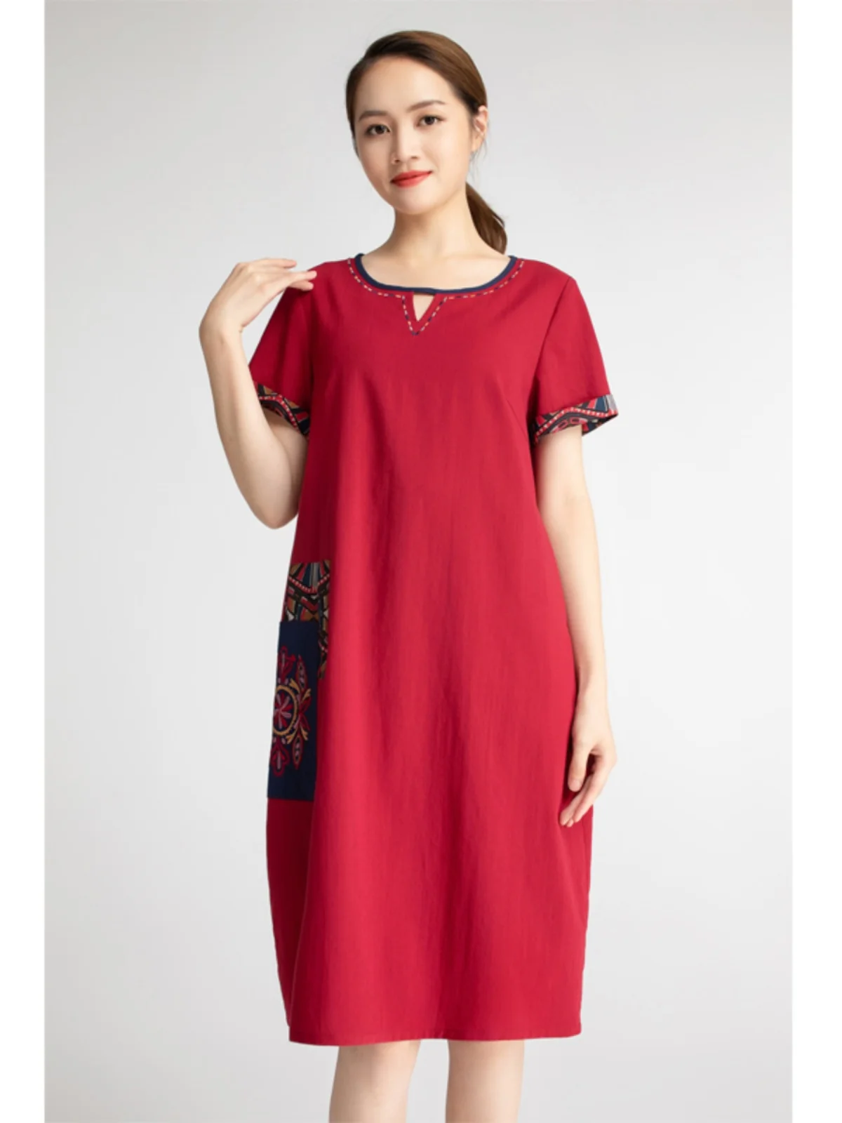 

Summer Ethnic Embroidered Loose Materni Dr for Middle-Aged And ly Women Pure Color Skirt Comfortable round Ne Design