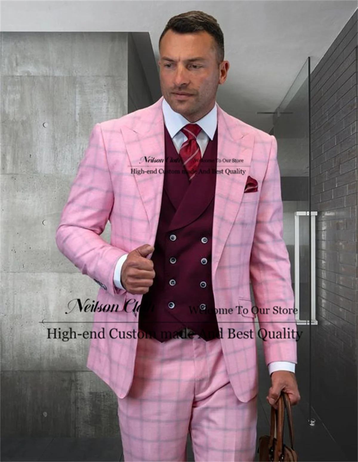 

Business Pink Plaid Male Prom Blazers 3 Pieces Sets Burgundy Vest Groom Wedding Tuxedos Slim Fit Peaked Lapel Costume Homme