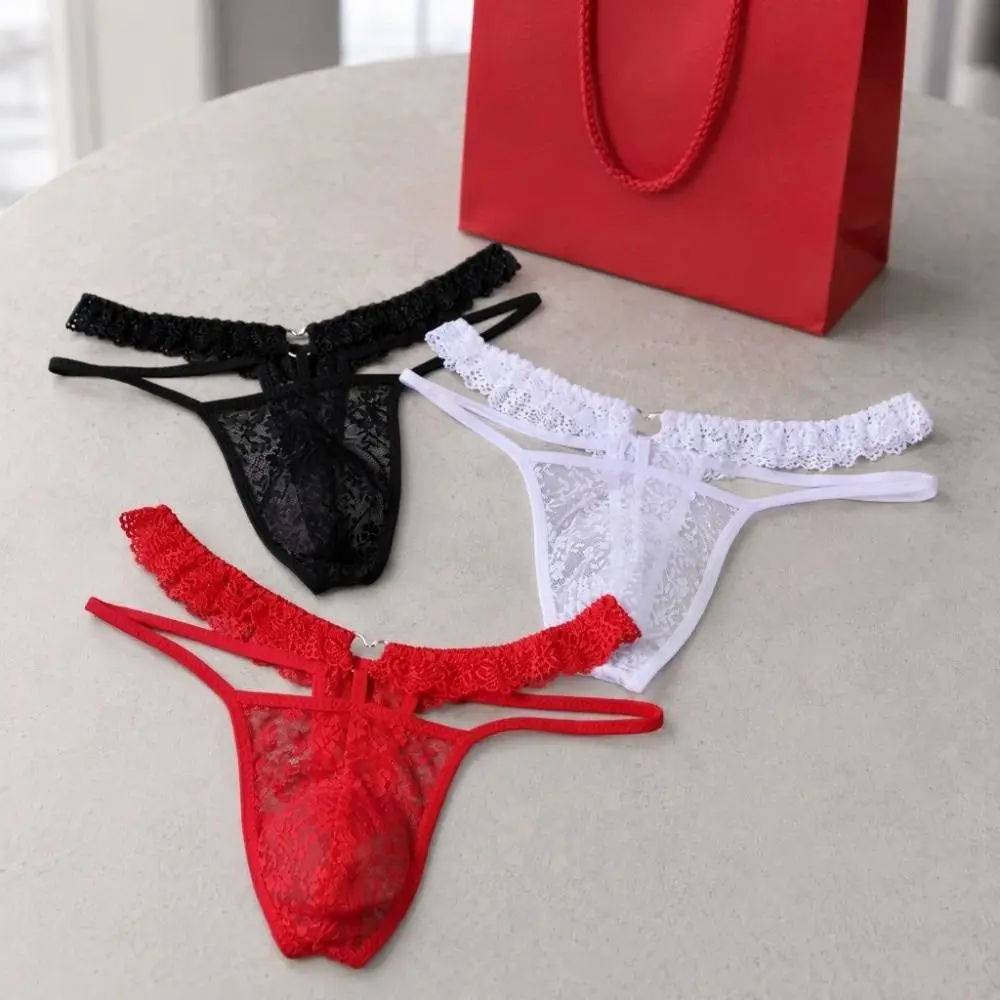Low Waist Men's Lace Thong Thin Strap Flower Hollow Out Mesh Sheer Panties Bulge Pouch Underwear T-back Briefs Men Date Night
