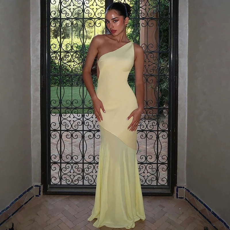 Ticketsx Sexy Mesh Patchwork Dress Women's One Shoulder Lace Up Backless Dress Female 2025 Summer Club Party Elegant Long Dress