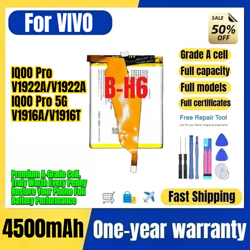 B-H6 for VIVO IQOO Pro/V1922A/V1922A/IQOO Pro 5G/V1916A/V1916T Phone Battery High Capacity Battery Replacement Bateria with Tool