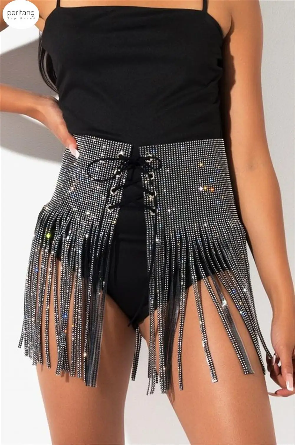 Sexy Women High Waist Cross Bandage Club Mini Skirt Fringed Tassel Sequins Rhinestone Party Beach Belly Dance Short Wrap Skirts