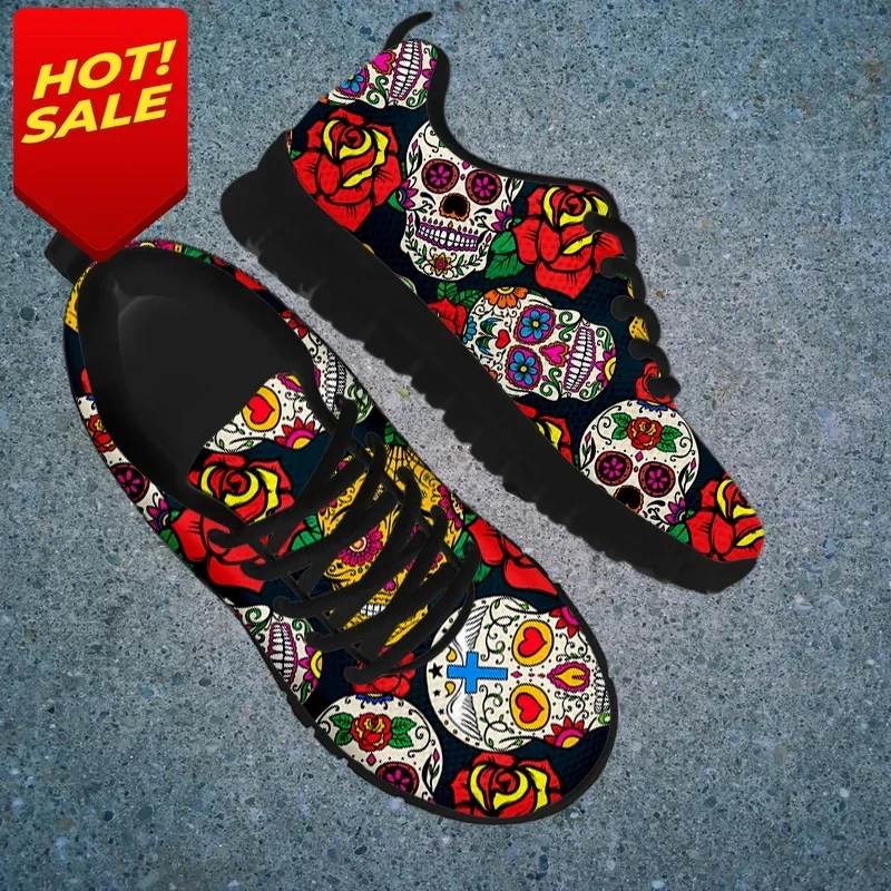 Red Rose Donna Sneakers Stringate Sugar Skull Stampa Floreale Scarpe In Mesh Light Casual Nero Walking Calzature Dr - view 5