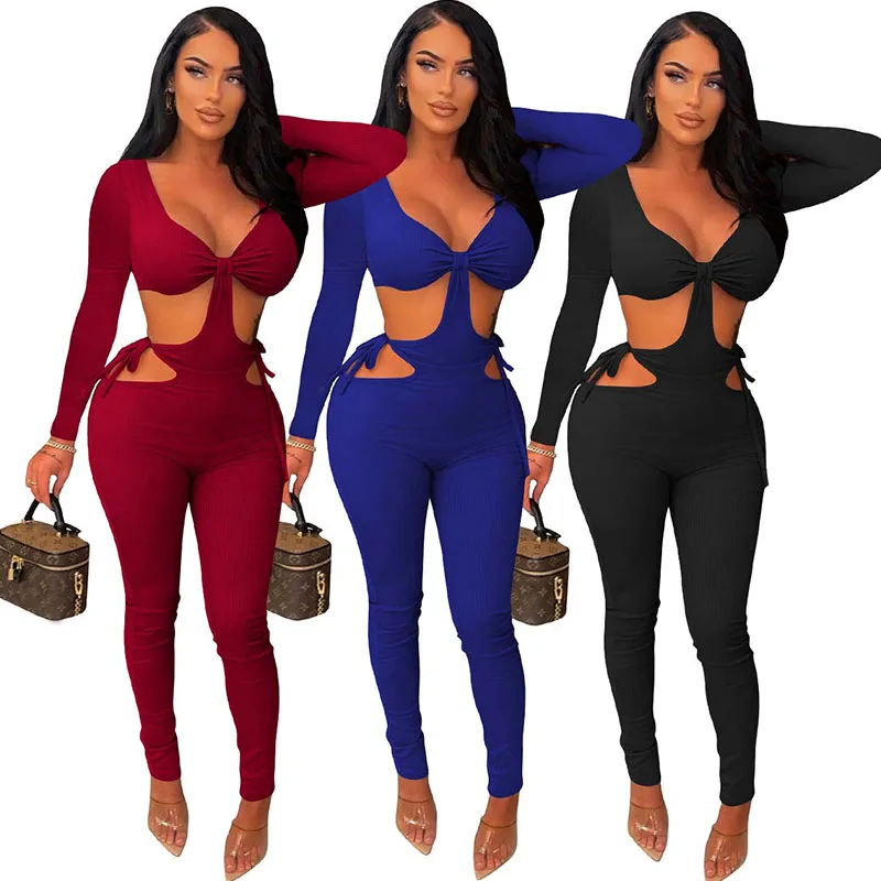 Sexy Hollow Out Bodycon Party Jumpsuit Women Overalls Long Sleeve One Piece Rompers Night Club Birthday Outfits Dropshipping