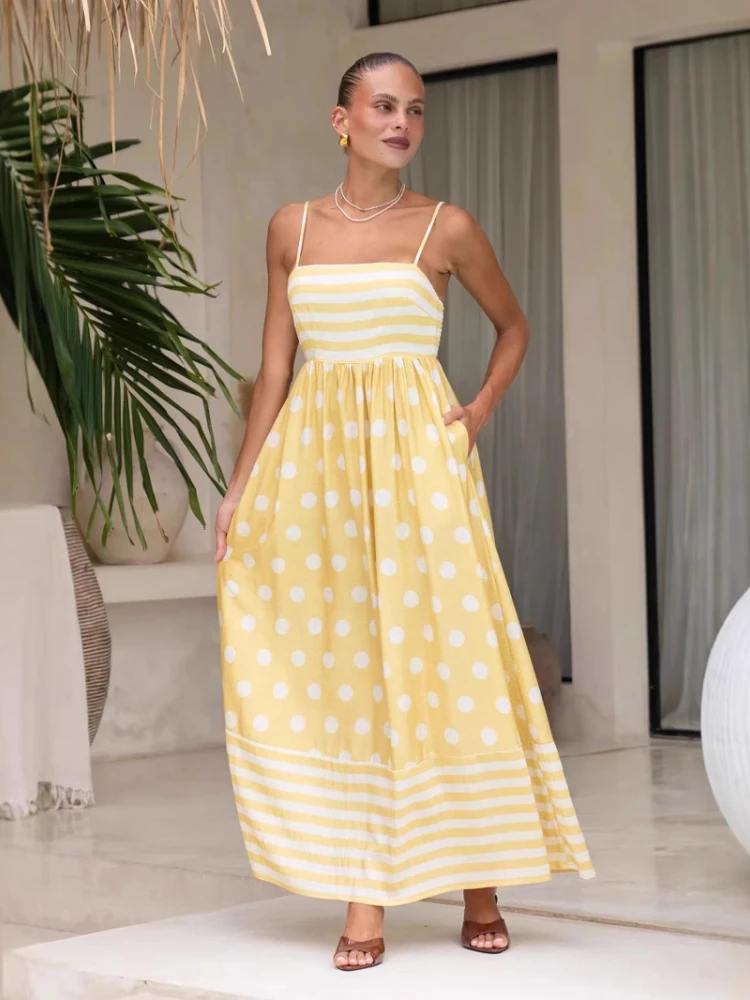 2025 Summer Fashion New Women's Elegant Printed Strap A-line Dress Strap Sexy Big Swing High Waist Bareback Dress