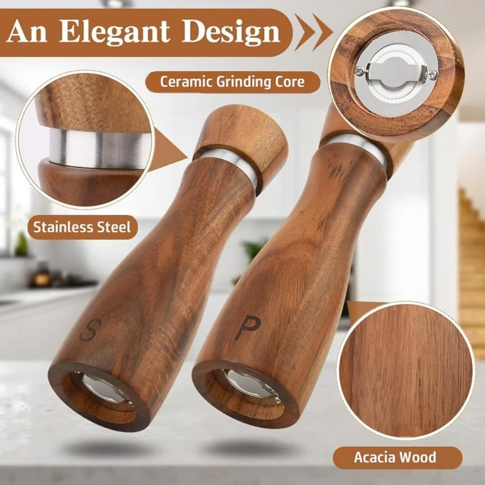 Holz-Salz-Pfeffermühlen-Set, Keramik, einstellbare Mahlgradeinstellung, manuelle Mühle mit Holztablett, Löffel und Reinigungsbürste für Küche, Esstisch und Kochen