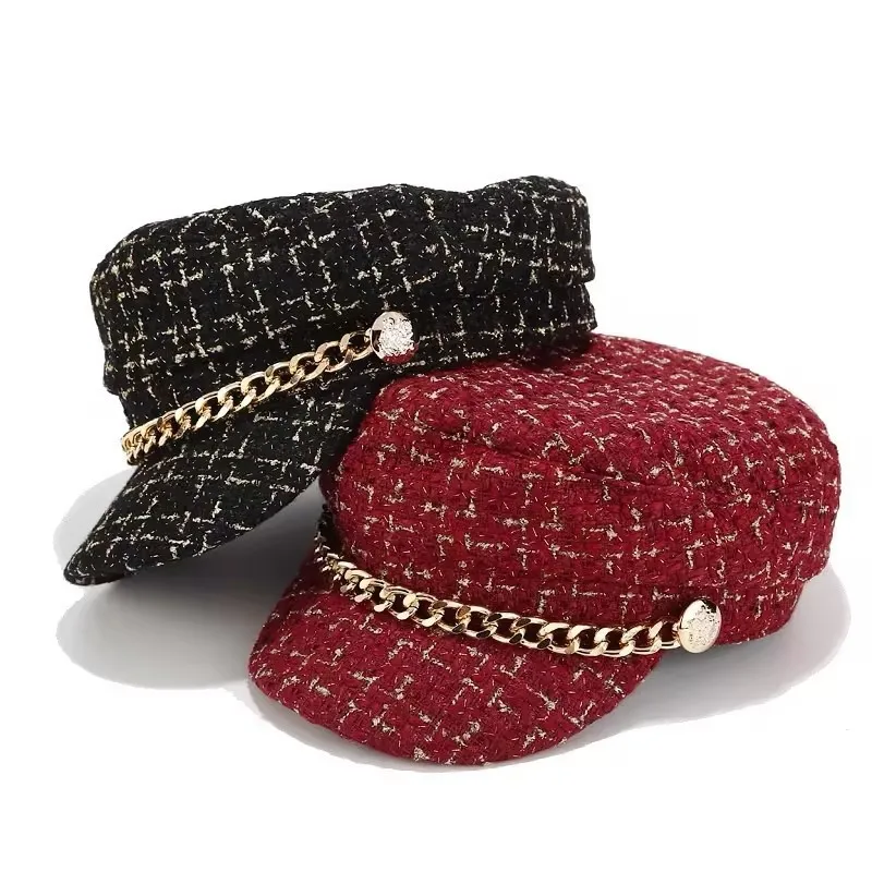 Women Tweed Newsboy Cap  Gold Chain Decor Flat Top Sailor Hat Spring Autumn Plaid Elegant Baker Boy Cap Vintage Lady Headwear