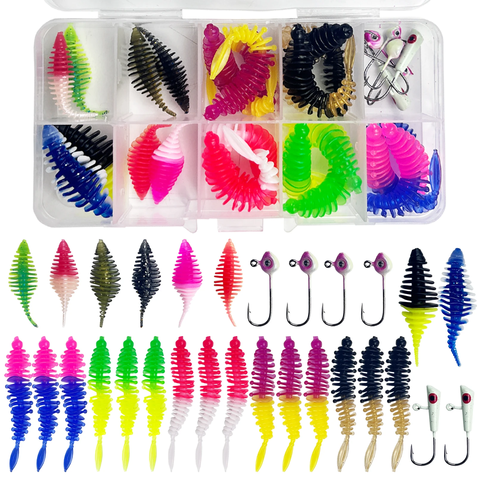

30pcs/Box Fishing Soft Baits Set,Sinking Jig Hooks,3.5-5.5cm Lifelike Worms Lures,Artificial Baits 0.5-2g Jigs Fishing Gear Box