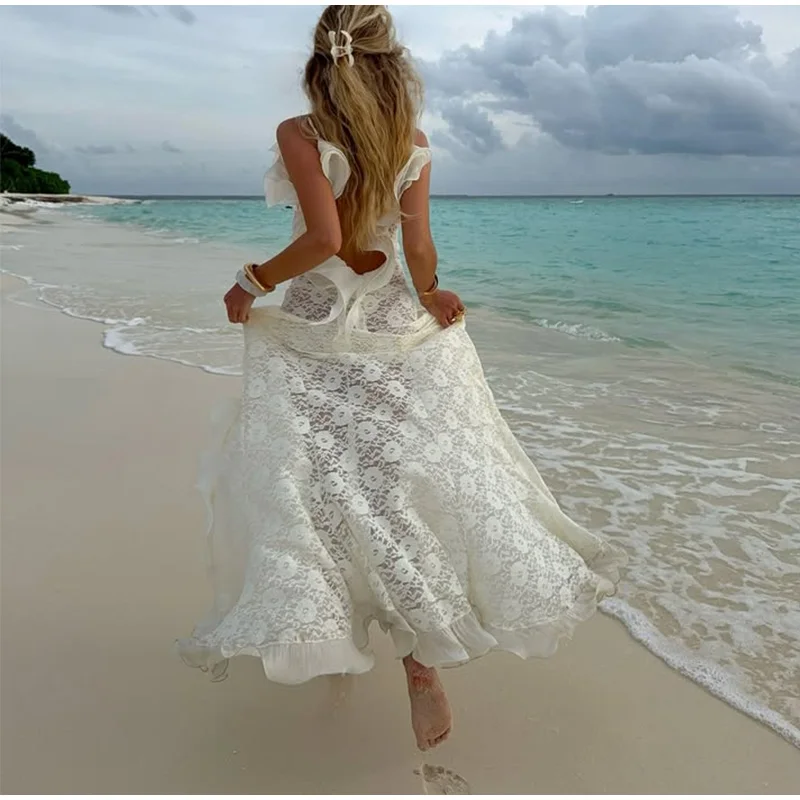 Sexy Hollow Out Lace Maxi Dress Women Spaghetti Strap Ruffles Party Club Robes Backless Side Slit Beach Vacation Lady Dress image 6