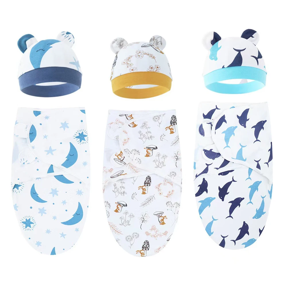 

Baby Blanket Hat Set Cartoon Printed Cotton Newborn Swaddle Adjustable Infant Sleeping Swaddle Wraps All Seasons 0-6 Months