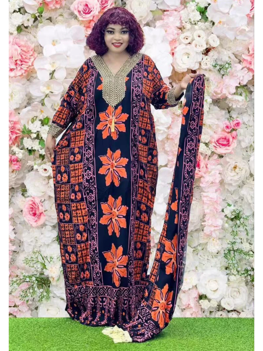 فستان عيد للسيدات الأفريقيات لعام 2025 مع وشاح كبير من القطن المموج مطبوع عليه زهور فضفاضة بوبو ماكسي إسلام عباية نسائية بأكمام قصيرة #5
