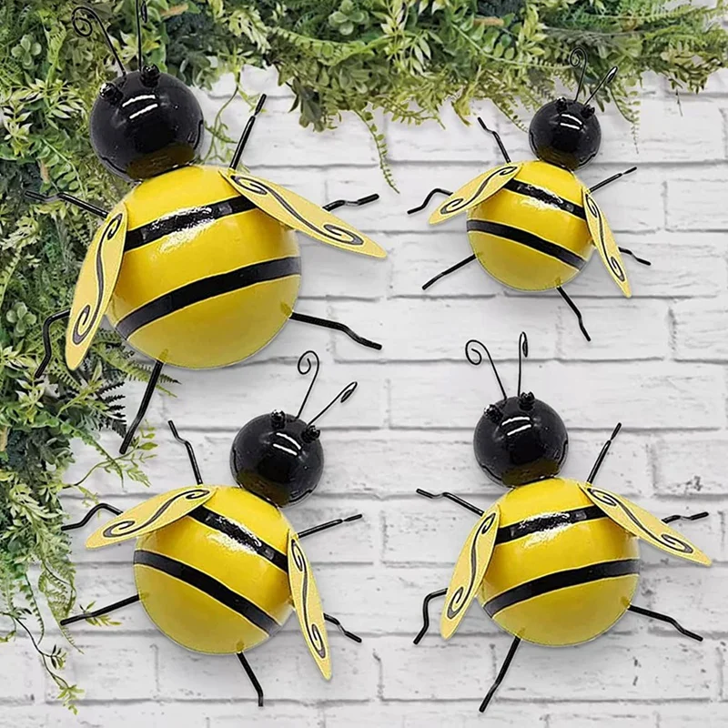 Outdoor Garden Fence Decor 3D Bumble Bee Wall Art Decoration Bee Wall Art Sculpture Hanging, 4 Pcs