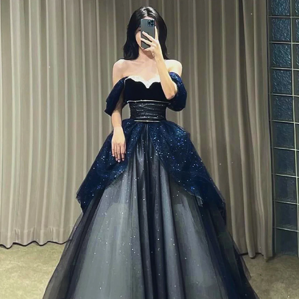 

Navy Blue Prom Dress Luxury Tulle A-Line Sequins Empire Off Shoulder Fashion Bling For Women Princess Wedding Party Evening Gown