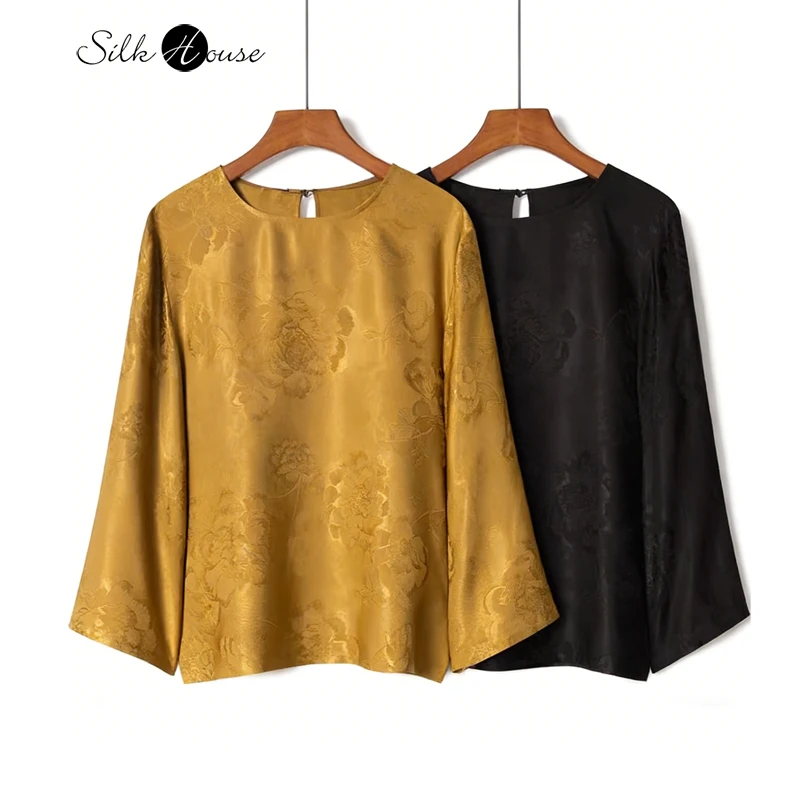 

Женская модная одежда 2026: Универсальная футболка с круглым вырезом и длинным рукавом из 100% натурального шелкового сатина с принтом пионов