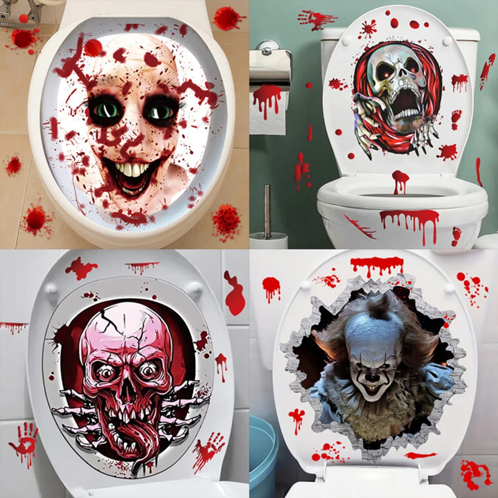 Halloween Bloody Clown Toilet Seat Horror Sticker Bathroom Toilet Sticker Party Decoration Wall DIY Decal