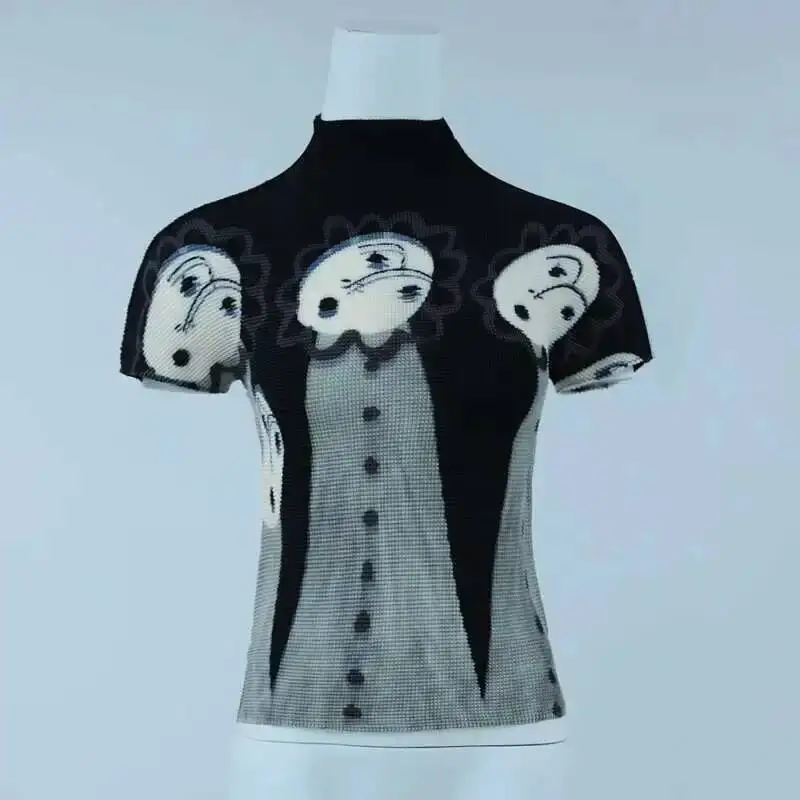 

short niche printting sleeve pleated t-shirt tee for famle 2025 summer new trend stretch Turtleneck tops women ZBXA