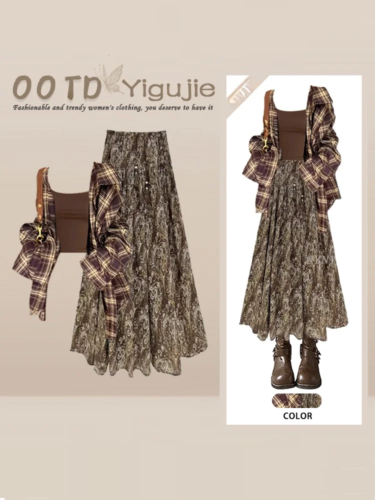 Retro Travel Clothing Set Autumn Plaid Shirt Vest Floral Half Skirt Three Piece Set Women's Fashion Ensemble Checkered Pattern