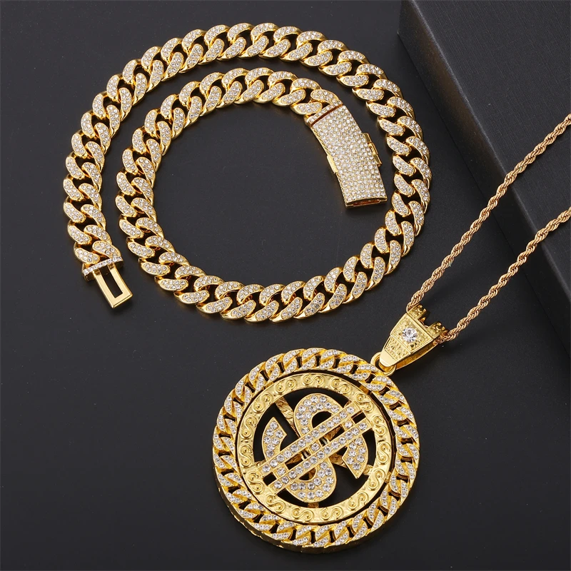 D&Z US Dollar Pendant Combination 2 piece Necklace Set 13mm Rhinestones Cuban Chain HipHop Bling Necklace Fashion Jewelry Man