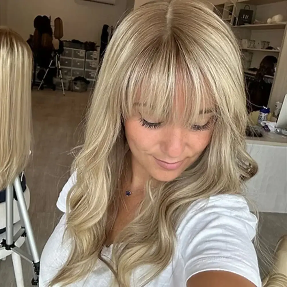 

Highlight Long Blonde Ombre Wig with Bangs Long Wavy Fringe Hair Synthetic Lace Wig Light Roots for Women Daily Use Wear&Go