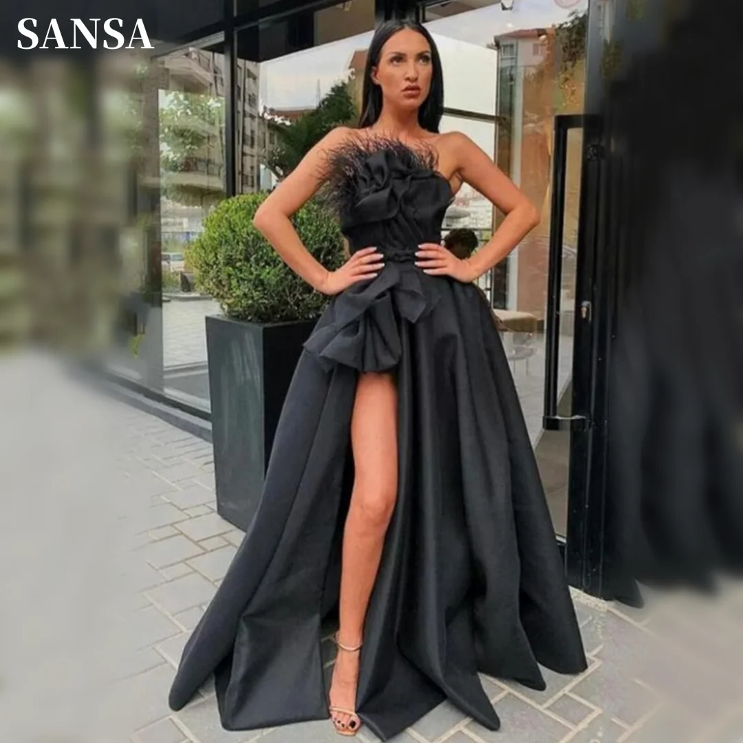 

Sansa Sexy Side Split فساتين السهرة Black Satin Feather Decoration Vestidos De Noche Strapless A-line Prom Dresses