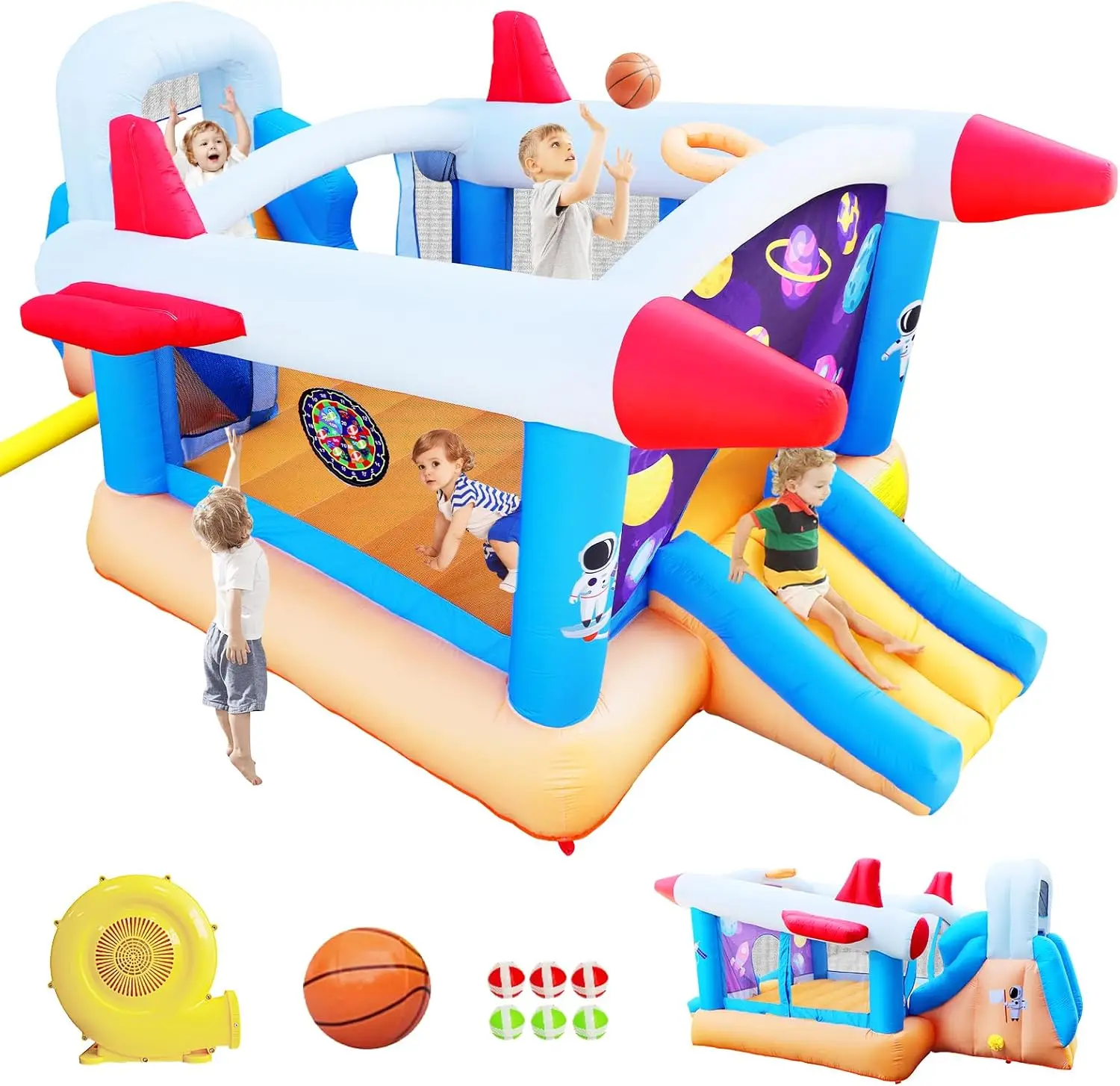 

6 in 1 Outdoor Indoor Inflatable Bouncer for Kids, Target Ball Basketball Slide with Blower, Durable Oxford Fabric Bouncy Castle