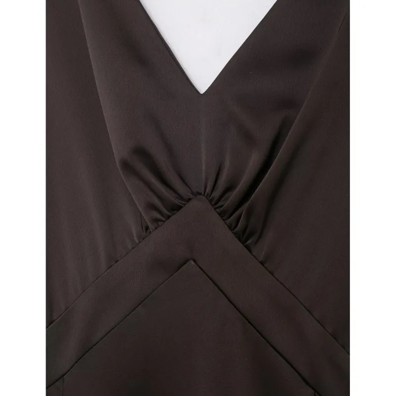 Women Long Satin Dress Spring Summer Sexy Backless Elegant V Neck Wide Straps Women's Dress Lady Flared Hem Dresses