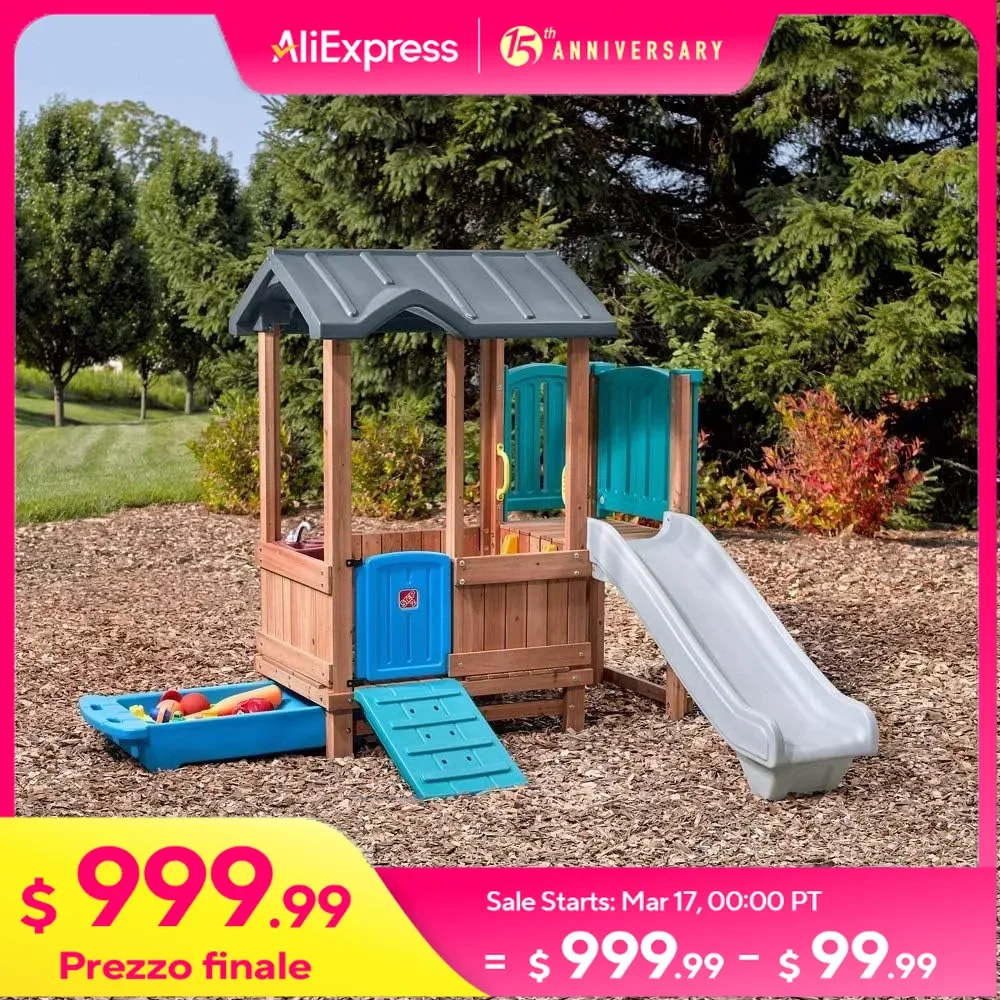 Woodland Adventure Playhouse & Slide, Kids Outdoor Playset, Backyard Playground Set, Swings, Storage Drawer, Made of Wood