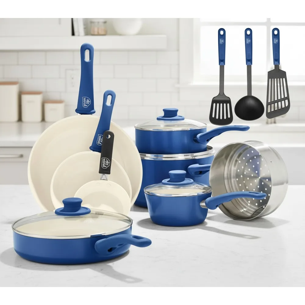 

16-Piece Nonstick Cookware Set, PFAS-Free Ceramic Pots & Pans, Dishwasher Safe, Blue for Healthy Cooking