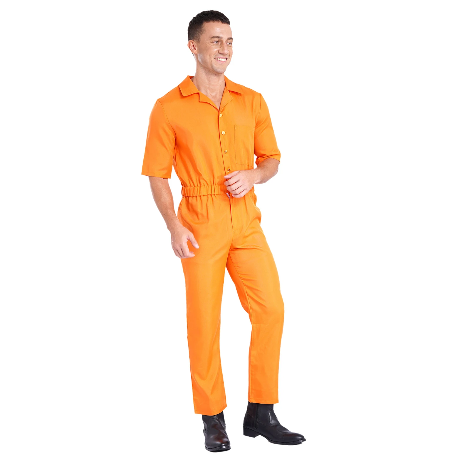 Mens Adult Inmate Jail Halloween Cosplay Costume Convict Detainee Outfit Prisoner Jailbird Jumpsuit Short Sleeve Print Overalls