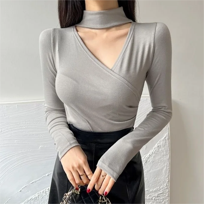 

Dongda Gate Pure Desire Sexy V-ne Hanging Ne Hollow Design Long Sve T-irt Women's Slim Base Top Korean Sle Commute...