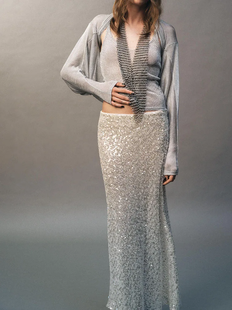 

Женская юбка миди: осенняя новинка, комфортная, сексуальная, с бисерной отделкой, с завышенной талией, модная, элегантная, трендовая, для сценических выступлений