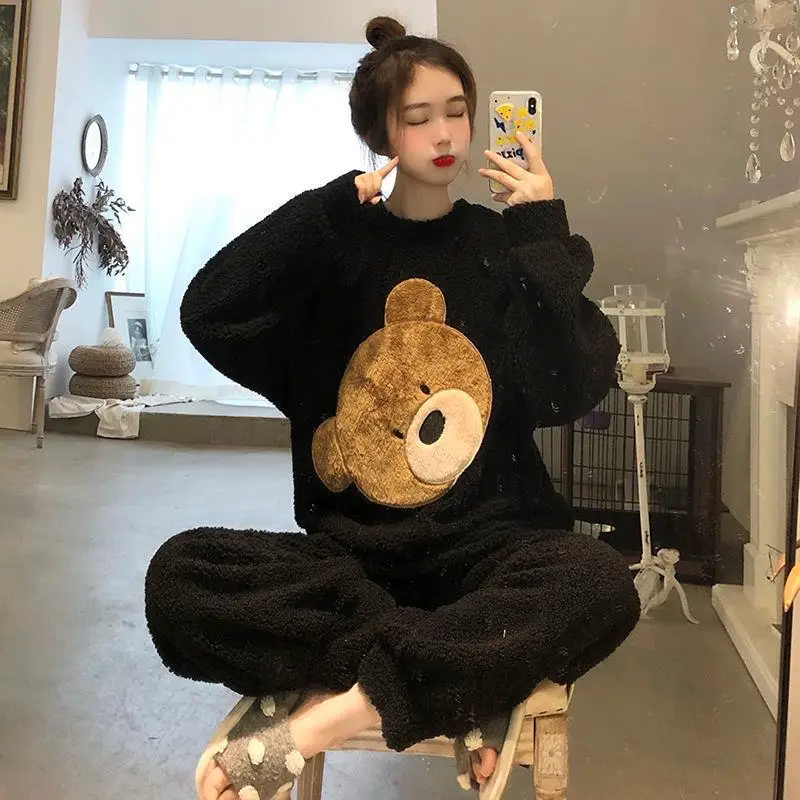 Women Autumn Winter Two Pieces Sets Warm Flannel Homewear Thickened Trousers Long-sleeved Pajama Coral O-neck Loose Cute Cartoon