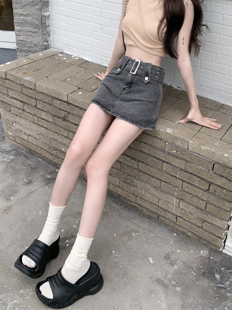 Dżinsowa spódnica z wysokim stanem damska, dopasowana, w kształcie litery A, krótka spódnica, koreański styl, do pracy, jednolity kolor, nowość na lato.