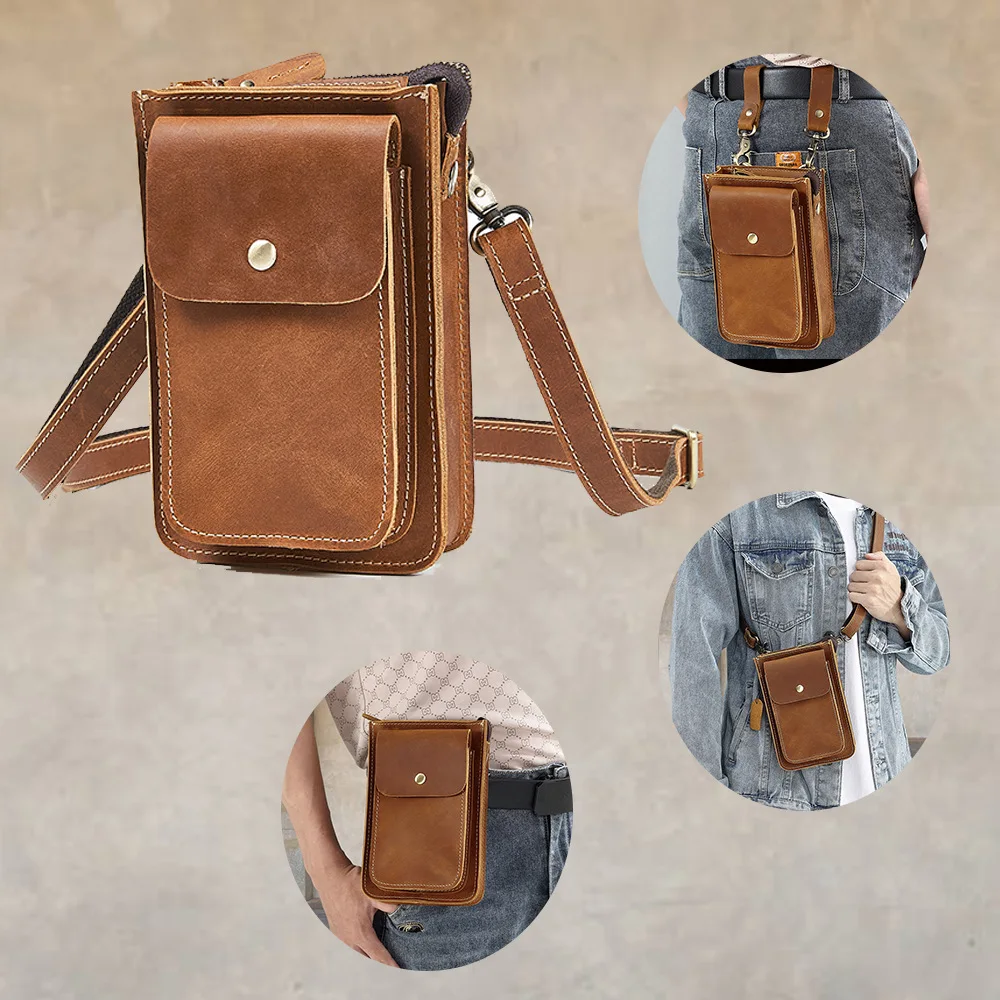 Top layer cowhide mobile phone storage multi-functional waist bag, crossbody single-shoulder bag, outdoor belt waist bag